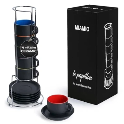 Image of MIAMIO 75 ml Espresso Cup Set with Saucers Coffee Mug of 6 Ceramic Stackable Stand for Drinks, Latte, Cafe Mocha Le Papillon Collection (Mixed)