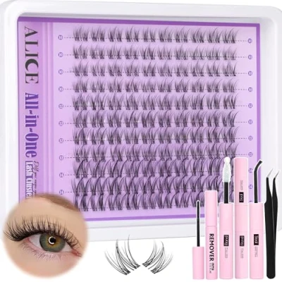 Image of ALICE Cluster Lash Kit Clear Band Natural Wispy 10 14mm DIY Eyelash Extension C Curl Individual Lashes with Glue and Remover Self Application at Home