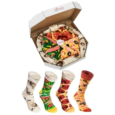 Image of Rainbow Socks Man Woman Pizza Box Mix Seafood Italian Pepperoni 4 Pairs Size 7,5 11