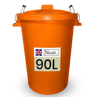 Image of Neat. 90L Bin Coloured Large Plastic Bins, Heavy Duty Kitchen with Metal Handle Dustbin Lid For Easy Refusal, Garden Indoor Outdoor Rubbish Waste or Storage of Animal Feed, Orange 1Pack