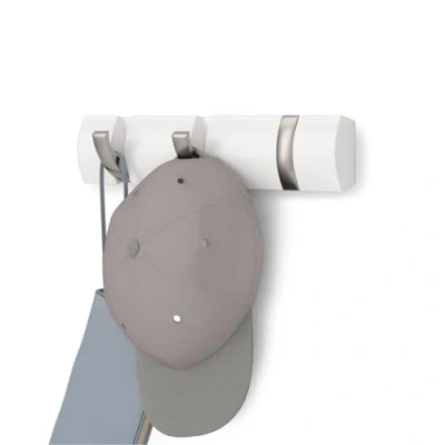 Image of Umbra Flip 3 Hook Wall Mounted Coat Rack, Modern, Sleek, Space Saving Hanger with Retractable Hooks to Hang Coats, Scarfs, Purses and More, White/Nickel