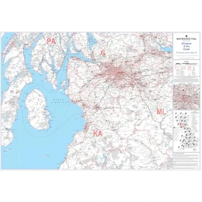 Image of Glasgow and the Clyde Postcode Sector Map 25 Wall With Motorway, A&#039; Roads, B&#039; City Plans, Area, District, Size: 73 x 107 cm (29 42 inches) Scale: 1:150 000 (2.4 miles to 1 inch)