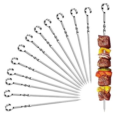 Image of Kabob Skewers 12 pcs Metal Kebab skewers,Kabob Flat,Metal Barbecue Skewer,Long Stainless Steel Shish Sticks Wide Reusable Grilling Set for Meat Shrimp Chicken (38CM)