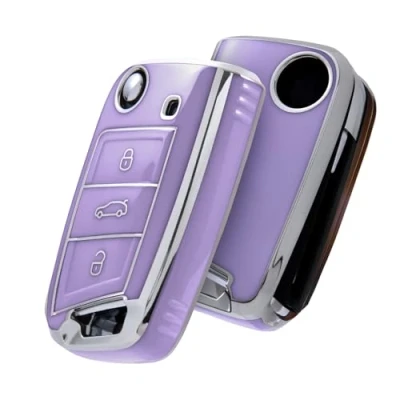 Image of OATSBASF Car Key Cover for VW Golf 7 Box/Key Case VW, Polo, Skoda, Seat, 3 Buttons,Silver Edge Purple