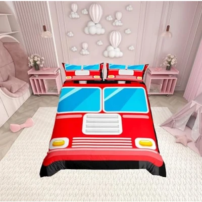 Image of Cartoon Red Fire Engine Bedding Set Single Size,Firefighter Fireman Car Print Duvet Cover for Kids Boys Bed Comforter Set,Fire Vehicle Quilt Decorative 2 Pieces
