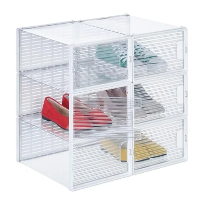 Image of Relaxdays 6X Shoe Box, Footwear, Stackable, Plug in, Size 45, Ventilation Hole, HWD: 15.5 x 23.5 34 cm, Transparent