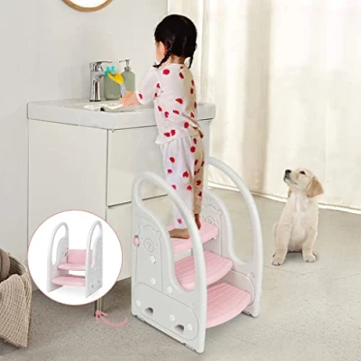 Image of Toddler Step Stool Chair Onasti Kids 3 Standing Tower for Toddlers Plastic Learning Helper Kitchen Counter Bathroom Sink Toilet Potty Training with Handles and Non Slip Pads Pink White