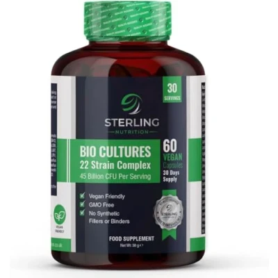 Image of Bio Cultures Probiotic Complex with 45 Billion CFU 22 Live Bacteria Strains Digestive Enzyme Supplements 60 Super Strength Vegan Capsules Made in UK by Sterling Nutrition