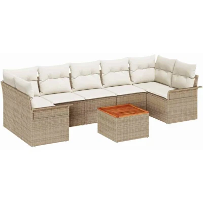 Image of vidaXL 8 Piece Garden Sofa Set with Cushions Beige Poly Rattan Acacia