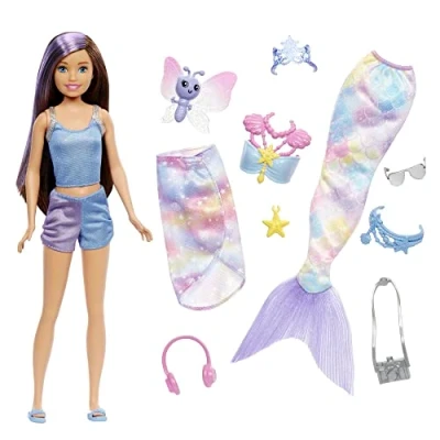 Image of Barbie Mermaid Power Skipper Doll with 10 Pieces Including Clothing, Tail, Pet &amp; Accessories, Toy for 3 Year Olds Up