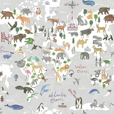Image of Holden Animal Map Wallpaper World Globe Continents Landmarks Grey/Multi 13252