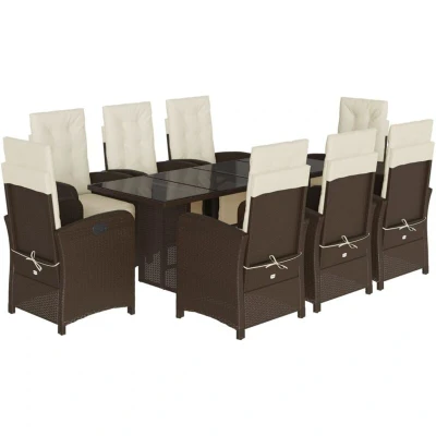 Image of vidaXL 9 Piece Garden Dining Set with Cushions Brown Poly Rattan
