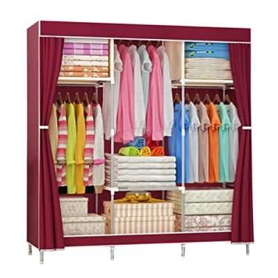 Image of Wardrobe Canvas Fabric Foldable Clothes Closet Storage Organizer With Hanging Rail,Wardrobe Shelves for Bedroom,Red 105x46x156cm
