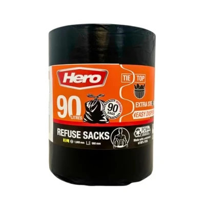 Image of Hero Extra Strong Black Bin Bags, Refuse Tie Top 90L 90 Bags on a Roll Tear Resistant, Easy Dispense, Recycled Plastic Sacks