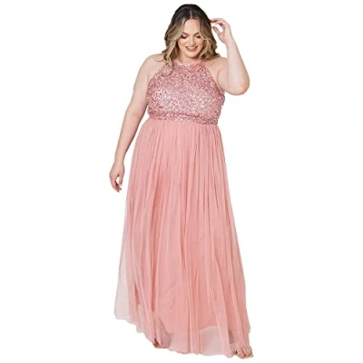 Image of Maya Deluxe Women&#039;s Ladies Bridesmaid Maxi Dress Halter Neck Sequin Embellished Prom Graduation Wedding, Blossom, 10