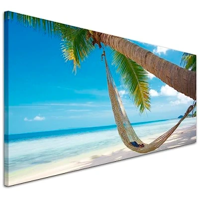 Image of Wallfillers Blue Tropical Beach Canvas Wall Art Print 1039 118x49cm