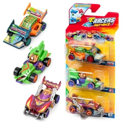 Image of T RACERS Mix &#039;N RACE 3 Pack of collectible cars. Each car can be split in two with interchangeable parts and wheels. 4