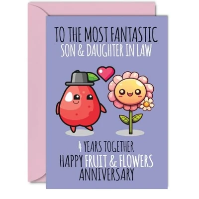Image of Cute Linen Anniversary Card for Son &amp; Daughter In Law 4 Years Together Happy 4th Wedding Cards Son, A5 Greeting Fourth Anniversaries