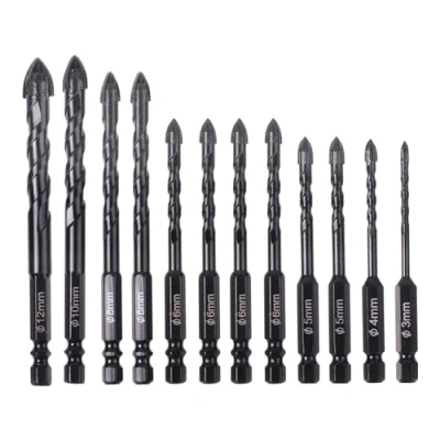 Image of ThrivingAura 12 Pcs Carbide Masonry Concrete Drill Bit Set, Professional Tungsten Tile for Stone Brick Ceramic Glass Metal Sheet Plastic Wood 3mm, 4mm, 5mm, 6mm, 8mm, 10mm, 12mm