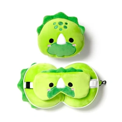 Image of Puckator Relaxeazzz Adoramals Dinosaur Round Plush Travel Pillow &amp; Eye Mask Sleep Masks Kids Accessories For Sleeping Airplane Flight Plane Neck Pillows
