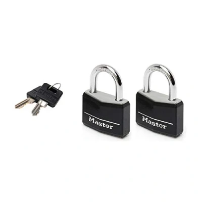 Image of Master Lock 9140EURDBLK Pack of 2 Key Padlocks in Aluminium with Vinyl Cover, Black, 4 x 5.9 1.3 cm
