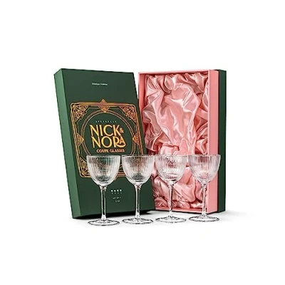 Image of GLASSIQUE CADEAU Vintage Art Deco Nick and Nora Coupe Glasses Set of 4 150 ml Crystal Ribbed Gin Cocktail Glassware for Drinking Classic Bar Drinks Retro Long Stemmed Goblets