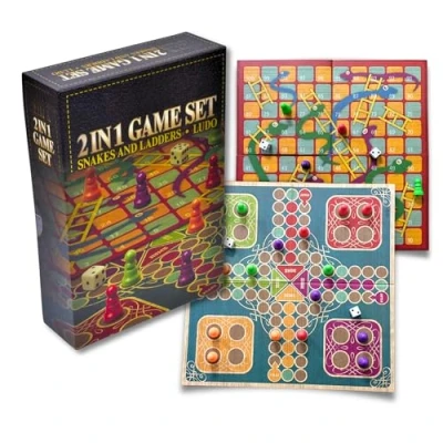 Image of ADEPTNA 2 in 1 Traditional Board Game Set, Snakes &amp; Ladders and Ludo Double Sided Folding Board, Classic Family Indoor Fun for Kids Adults, Fancy Gift Box