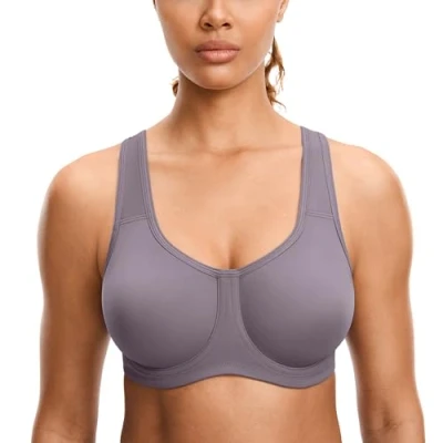 Image of SYROKAN Women&#039;s Max Control Solid High Impact Plus Size Underwire Sports Bra for Large Breasts Mist Grey 36G