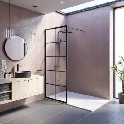 Image of BAYSTONE® 800mm Wet Room Shower Screen Panel Grid 8mm Toughened Safety Easy Clean Glass Walk in Enclosure, Matt Black