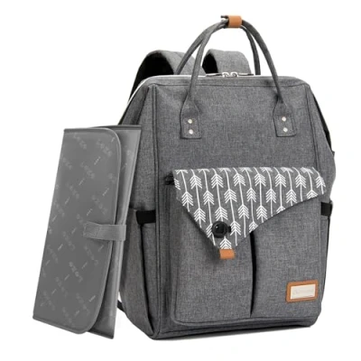 Image of Lekebaby Nappy Changing Bag Backpack with Mat, Arrow Print, Grey