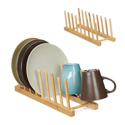 Image of Relaxdays Set of 2 Plate Racks, for 8, Pan Lid &amp; Chopping Board Holder, Dish Drainer Stand, Bamboo, Natural, 12 x 12.5 34 cm