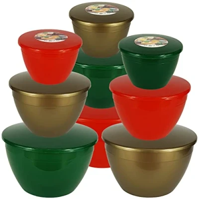 Image of Just Pudding Basins 9 Christmas and Lids Sizes 1, 2 3 Pints in Festive Colours Red, Xmas Green Gold