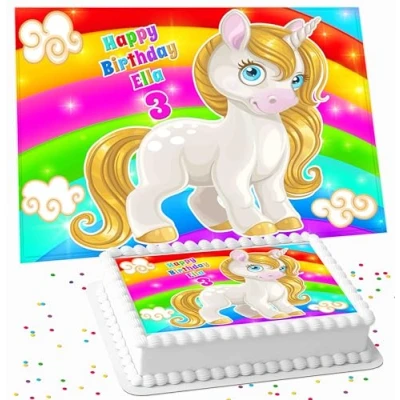 Image of UNICORN RECTANGLE BIRTHDAY PERSONALISED ICING EDIBLE COSTCO CAKE TOPPER DECORATION R2 89