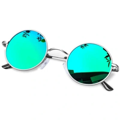Image of KANASTAL Green Round Sunglasses Mirrored Womens Mens Polarised Vintage Large Mirror Circle Lens Hippie Style Retro Metal Frame UV Silver