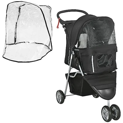 Image of PawHut Pet Travel Stroller with Rain Cover, 3 Wheels Foldable Cat Dog Pushchair Storage Basket and Cupholder for Small Miniature Dogs(Black)