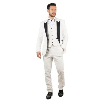 Image of Men&#039;s Suit 3 Piece White Velvet Paisley Shawl Collar Tailored Fit Wedding Tuxedo 38