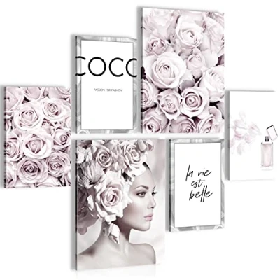 Image of Novart Canvas Wall Art 6 piece Fashion French Quotes Coco Décor, Pink Grey Flower Pictures Painting for Living Room, Bedroom, Home Office, Hallway and Stairs