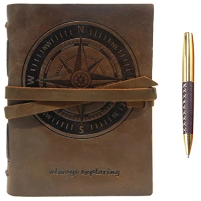 Image of Leather Journal Nautical Compass Notebook Embossed Maritime Sea Adventure A5 Travel Diary, For Men Women, Genuine Vintage Rustic 6&quot; x 8&quot;, Bound Writing Notes Handmade Sketchbook + Pen