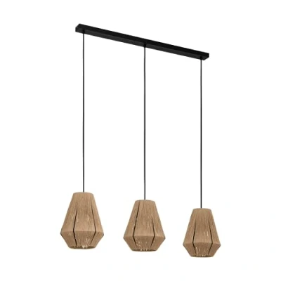 Image of Eglo Pendant lighting Alderney, ceiling light fitting with 3 shades, textile hanging lamp for dining and living room made of natural hemp black metal, E27 socket