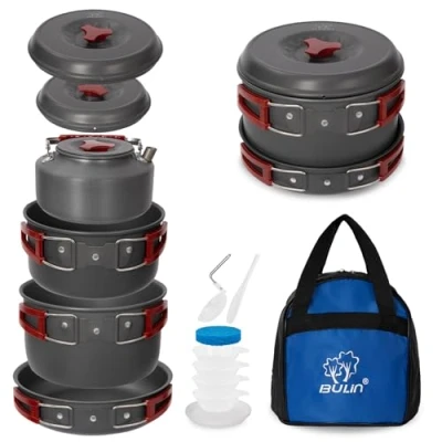 Image of Bulin Camping Cookware Mess Kit, Nonstick Backpacking Cooking Set, Outdoor Cook Gear for Family Hiking, Picnic Lightweight Sets(Kettle, Pots, Frying Pan, BPA Free Bowls, Plates, Spoon)