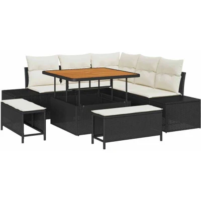 Image of vidaXL 8 Piece Garden Sofa Set with Cushions Black Poly Rattan Acacia