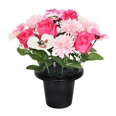 Image of Everyday Floral ARTIFICIAL PINK PANSY CHRYSANTHEMUM &amp; ROSE GRAVE POT WITH 16 FLOWERS VASE INSERT MEMORIAL