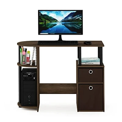 Image of Furinno JAYA Simplistic Computer Study Desk with Bin Drawers, Columbia Walnut/Black/Dark Brown