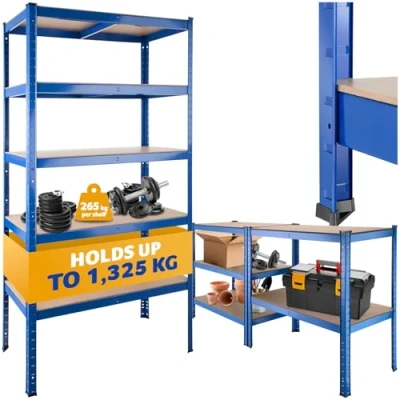 Image of TecTake® 5 Tier Garage Shelving Unit with Sturdy MDF Shelves, Heavy Duty Storage Galvanised Steel Frame, Adjustable &amp; Easy Setup, Workbench Convertible Shelf 1325 kg Load Capacity