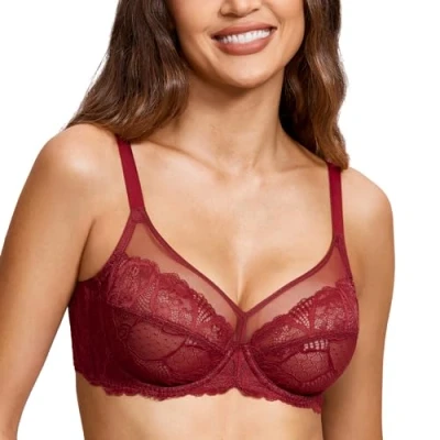 Image of DOBREVA Women&#039;s Lace Full Coverage Minimiser Bra Unlined Underwire See Through Plus Size Chinese Red 36B