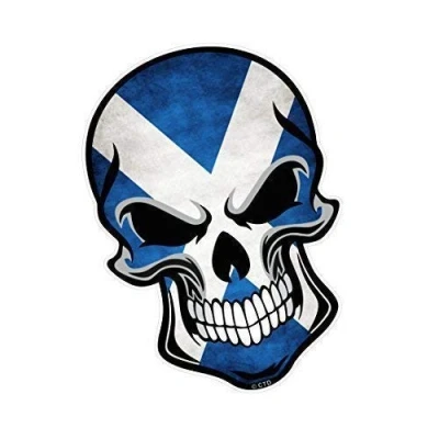 Image of Gothic Biker SKULL Design with Scotland Scottish Saltire Flag Motif Vinyl Car Bike Sticker Decal 110x75mm