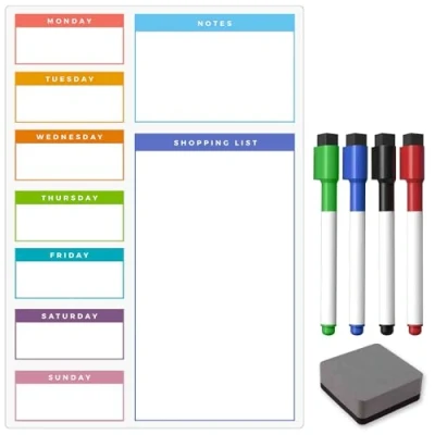 Image of TMS A3 / A4 Multi Coloured Magnetic Weekly Planner/Memo Board/Calendar Whiteboard, Shopping List and Meal Planner With 4 Dry Wipe Pens Eraser (Colour Weekly, A3)