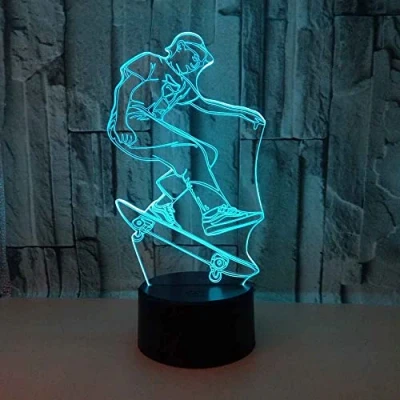 Image of LED Night Light 3D Little boy with Skateboard Illusion Lamp, 16 Colors Changing Remote Control Kids Bedside Lamps, Birthday Gift for Boys Girls, Room Decoration Lamp