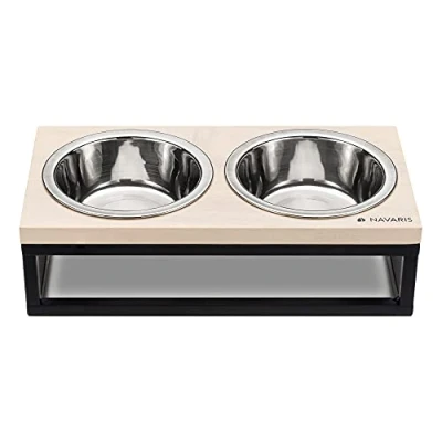 Image of Navaris Raised Pet Bowls Stand Double Bowl Feeding Station for Small Dogs and Cats Stainless Steel Cat Dog Dishes with Wood Metal Holder