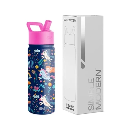 Image of Simple Modern Kids Water Bottle with Straw Insulated Stainless Steel Reusable Tumbler for School, Girls, Boys Summit Collection 530ml Unicorn Rainbows
